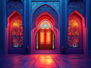 A vibrant artistic portrayal of Islamic architecture with glowing highlights