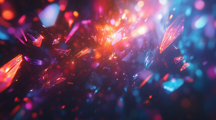 Abstract Geometric Explosion: A vibrant display of crystalline shards, glowing with red, blue, and purple hues, evoking a sense of dynamic energy and futuristic design.