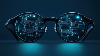 A pair of futuristic glasses with digital circuit patterns on the lenses, symbolizing technology and innovation against a dark background.