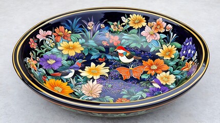 Vibrant Floral and Bird Decorated Oval Serving Bowl AI Generated