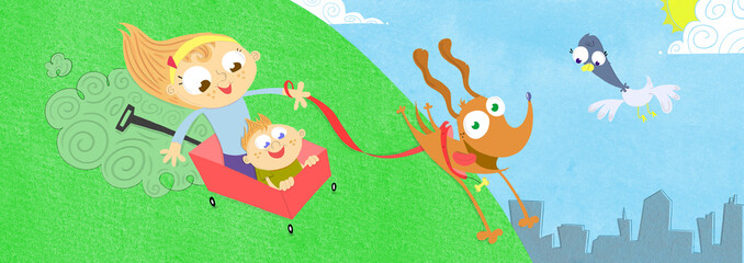 Obraz premium Kids having fun with dog