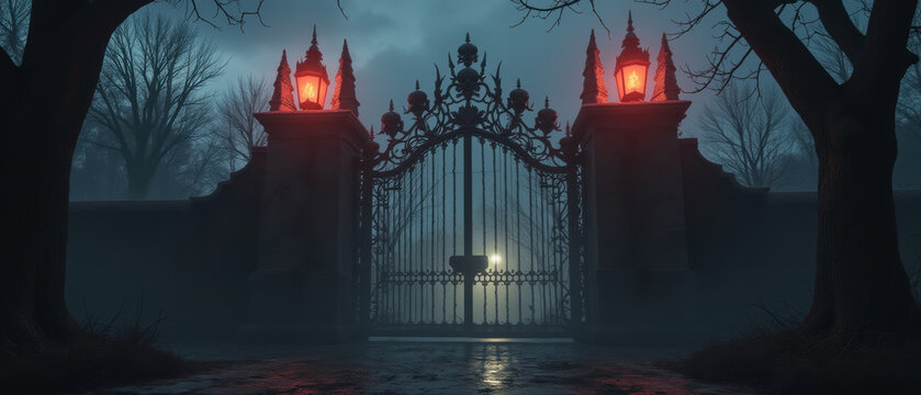 mysterious gate shrouded in fog, illuminated by eerie red lights, evokes haunting atmosphere