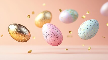 Floating Easter eggs in metallic hues and gold accents, placed on a pale peach background for a sophisticated spring aesthetic.