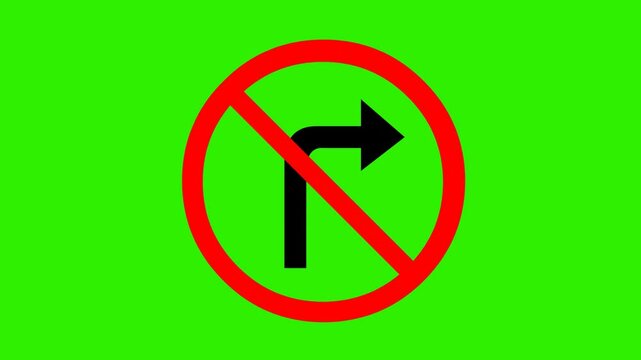 video animation forbidden to turn right traffic signs label, on a green chroma key background