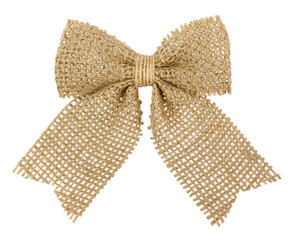 A decorative burlap bow made from natural jute fabric, isolated on a transparent background.