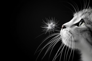 Cat gazing curiously at a dandelion puff in a dark setting while highlighting its vibrant eyes and whiskers