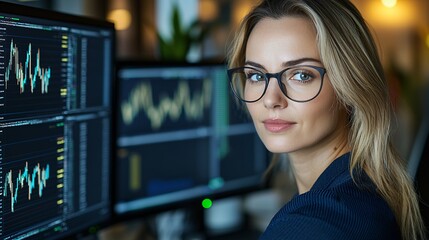 Fototapeta premium Focused Businesswoman with Blonde Hair and Glasses at Computer Screens Displaying Financial Data