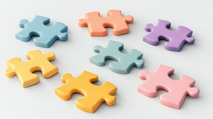 Obraz premium Colorful Puzzle Pieces on White Background: A Symbol of Unity and Problem Solving