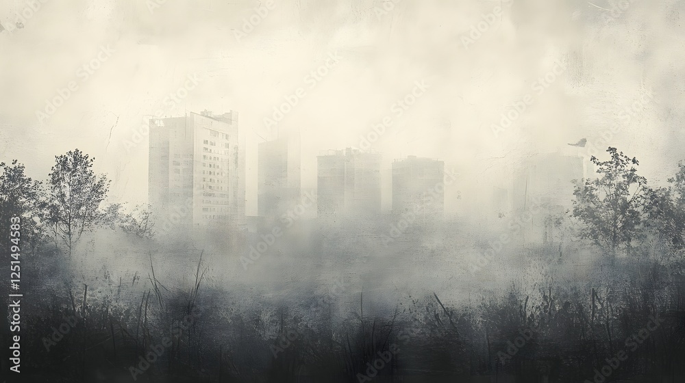 Poster atmospheric urban skyline shrouded in mist and fog showcasing towering skyscrapers in a moody ambian