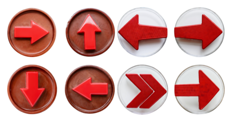 Red Directional Arrows in Circular Frames for Navigation Purposes, isolated on transparent background