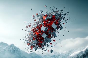 Explosive design of colorful geometric shapes suspended in the air over a mountain landscape during the day