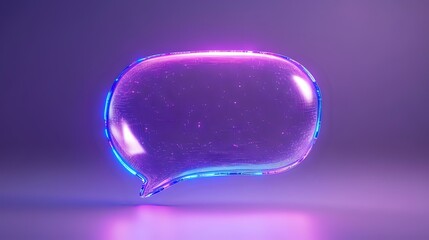 Glowing neon speech bubble with blue and pink gradient effects floating on purple background, modern communication concept for social media designs.
