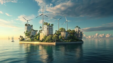 Obraz premium A futuristic city is built on a floating island in the middle of the ocean