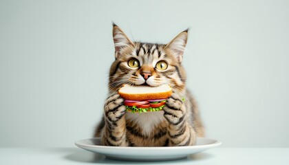 Obraz premium Cute Tabby Cat Eating a Sandwich on Plate Against Light Background