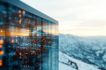 Digital landscape at sunset with mountain reflection and technology elements in the foreground
