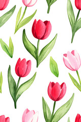 Obraz premium Watercolor seamless pattern of cute minimalistic tulips. Red and green colors isolated on white backdrop