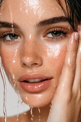 Close Up Wet Woman Face Portrait Soft Lighting and Freckles