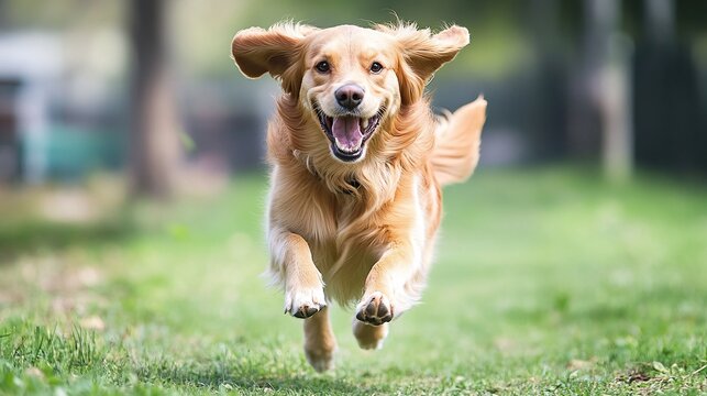 Playful golden retriever running in a park animal photography outdoor environment joyful moment