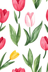 Obraz premium Watercolor seamless pattern of cute minimalistic tulips. Red and green colors isolated on white backdrop