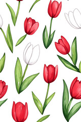 Obraz premium Watercolor seamless pattern of cute minimalistic tulips. Red and green colors isolated on white backdrop