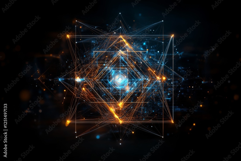 Poster digital abstract composition featuring glowing lines and geometric patterns against a dark backgroun