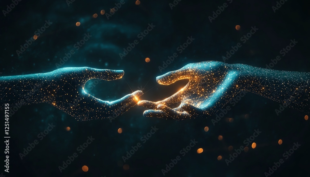 Poster a pair of hands interacting with neural network nodes, representing ai data processing, glowing conn