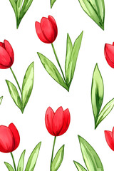 Obraz premium Watercolor seamless pattern of cute minimalistic tulips. Red and green colors isolated on white backdrop