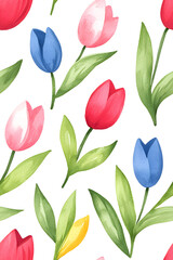 Obraz premium Watercolor seamless pattern of cute minimalistic tulips. Red and green colors isolated on white backdrop