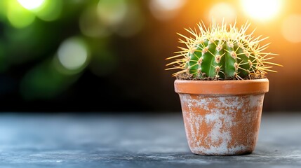 Small round cactus with sharp spines in aged terracotta pot against blurred bokeh background with warm sunlight glow, minimalist desert plant decor.
