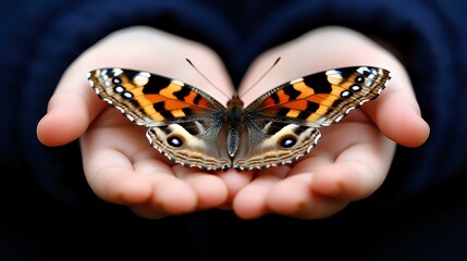 Painted Lady butterfly with spread wings resting in cupped hands against dark background, symbolizing nature conservation, freedom, and environmental care.