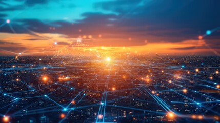 A cityscape with a bright orange sun in the sky