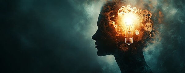 Creative silhouette with gears and lightbulb, symbolizing innovation and idea generation, glowing light, modern hightech design, clean lines, dynamic composition