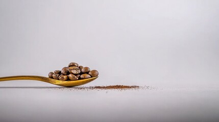 Naklejka premium Closeup Of Dark Brown Coffee Beans On A Golden Spoon Against A Light Gray Background
