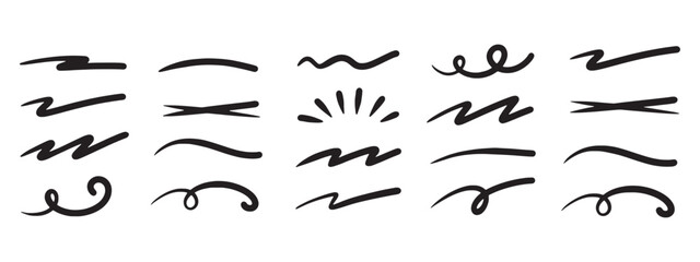 Squiggle brush scribble underline. Marker pen emphasis highlight swoosh stroke. Vector swoosh brush underline set for accent, marker emphasis squiggle element. Vector illustration eps.