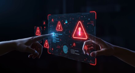 Cyberpunk dashboard, holographic warning symbols, neon red and blue glow, futuristic interface, hand reaching out, dark background, digital alerts, technological hazard indicators, sci-fi control pane