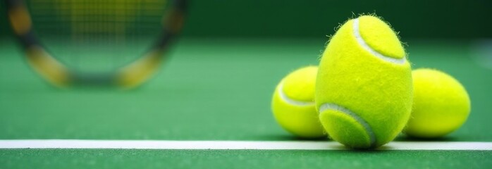 The egg shape Tennis balls against the backdrop of a tennis court. Easter concept, copy space, banner
