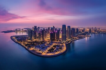 Aerial View of a Vibrant Cityscape at Dusk