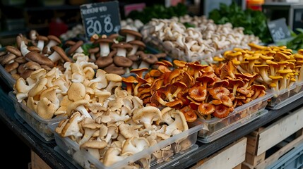 Fototapeta premium Fresh assorted edible mushrooms displayed at farmers market stall, including white button, shiitake and golden chanterelles arranged in wooden crates.