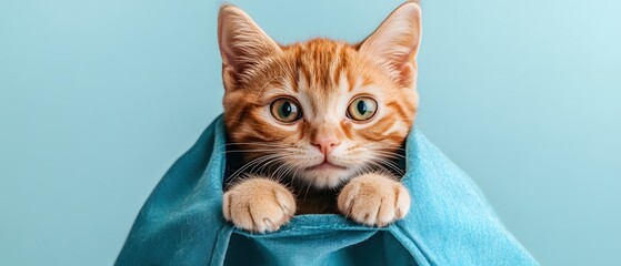 Adorable ginger kitten with green eyes peeking out of a blue bag on a light blue background