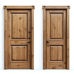 Wooden interior doors on a white wall, showing design details and hardware