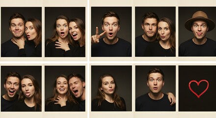 Partners in a row of photo booth pictures, comedic variety of poses, a single red heart drawn in final frame, nostalgic film strip style3