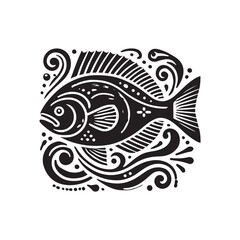 Black Color Halibut silhouette design Vector Illustration, Solid White Background (5).eps