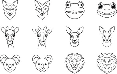 Fototapeta premium Simple Line Art Animal Heads Fox, Frog, Giraffe, Kangaroo, Koala, Lion