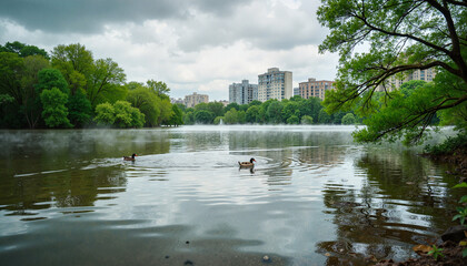 Obraz premium Tranquil ducks swimming in misty urban lake, nature's serenity