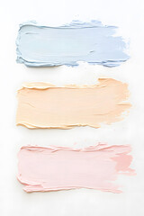 Fototapeta premium Pastel oil paint swatches with pale pink, blue, blue marine colors isolated on white backdrop 