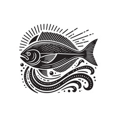 Black Color Halibut silhouette design Vector Illustration, Solid White Background (6).eps
