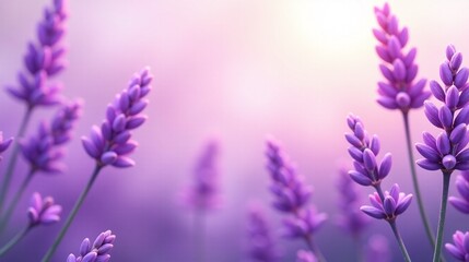 Obraz premium Lavender flowers in soft, blurred background, exuding serenity and tranquility.
