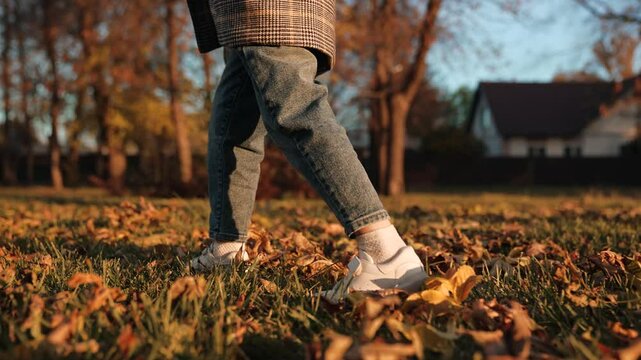 Child relishes delightful sound of rustling leaves walking along grassy path at sunset. Child enjoys sensation of walking on crunchy leaves. Child enjoys simple pleasure of walking on sunny day