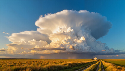 Expansive thunderhead clouds forming over the plain at sunset, nature's power