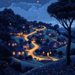 Fototapeta premium Winding road through idyllic hilltop village at night